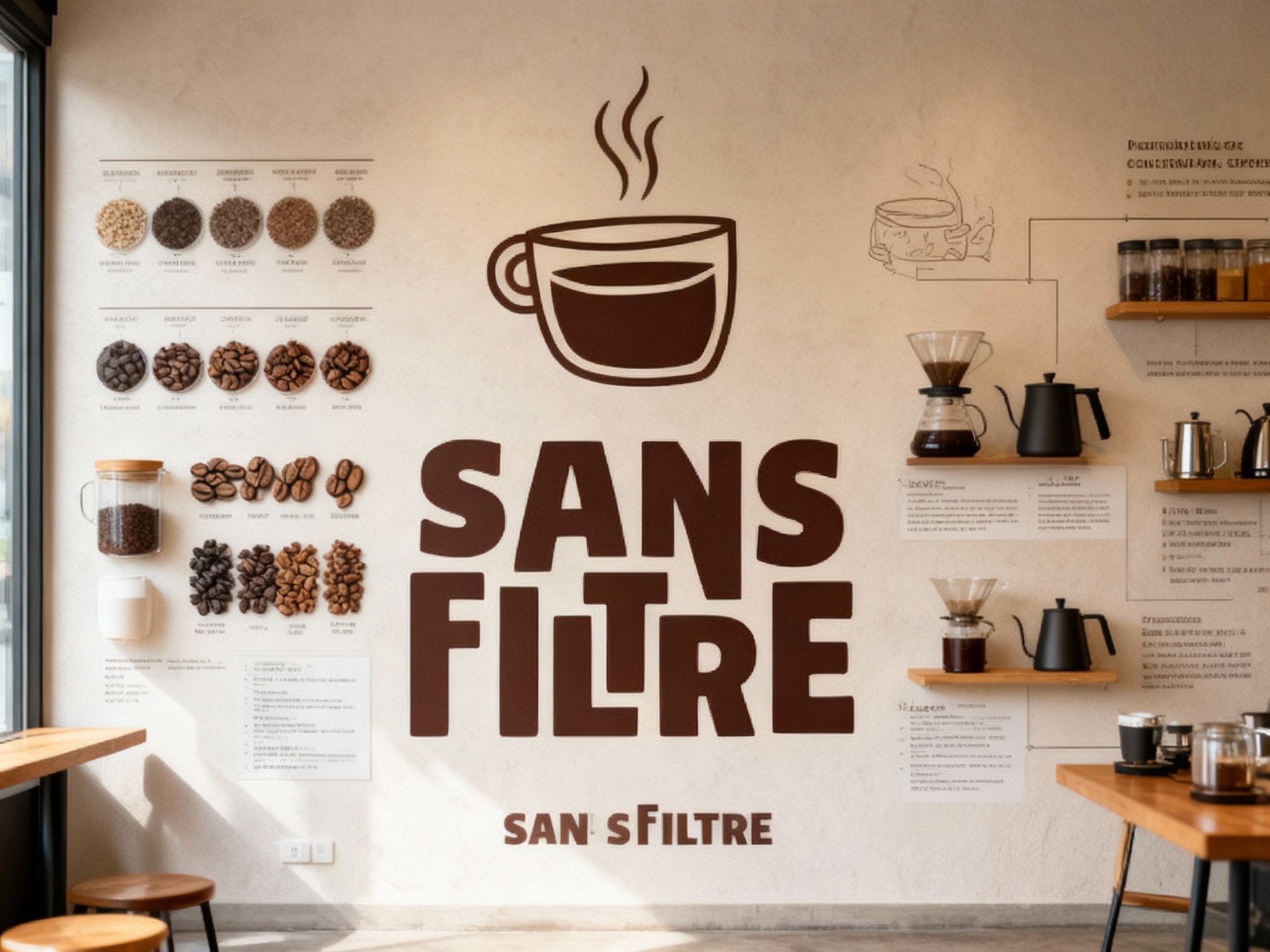 生成咖啡文化墙设计图。在一面特色墙上展示不同类型的咖啡豆样本、冲泡器具及其简介，旁边附有（参考图提取的SANS FILTRE），使其自然融合在教育性和美感兼具的设计中。