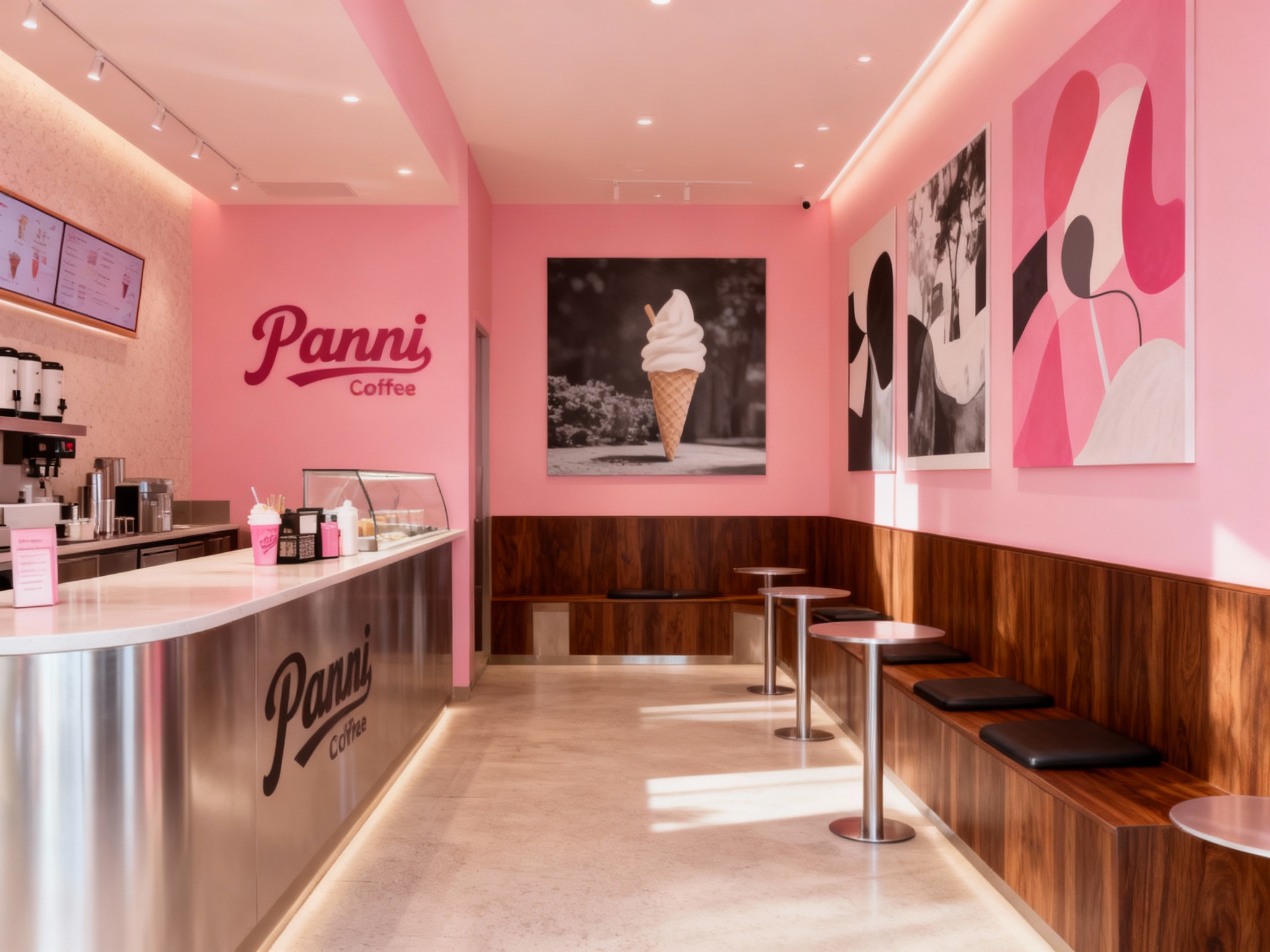 设计冰淇淋店内空间效果图统一用主色 {主色} ，展示吧台、座位区、墙面装饰高级抽象插画或黑白摄影，运用黑胡桃木搭配银色不锈钢材质（将参考图中的LOGO）融入场景装修或物件中，光线温暖自然，突出空间舒适感与现代质感。