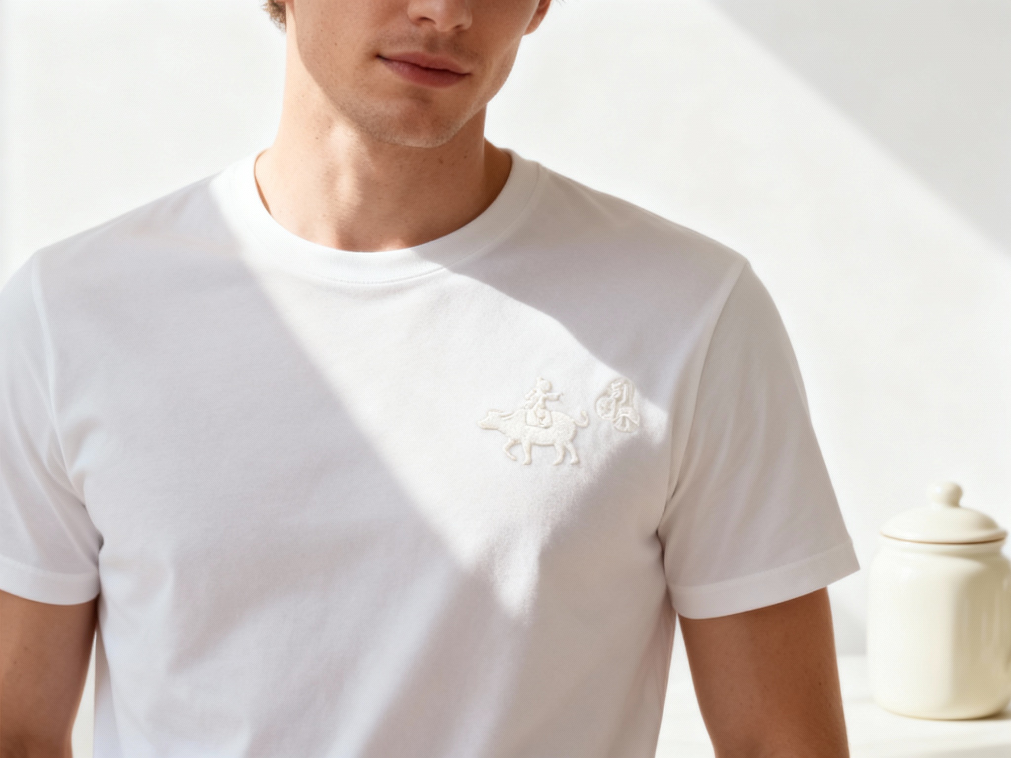 提取参考图的LOGO单独呈现，改为奶白色，25岁欧洲男性模特，身着纯白极简T恤，奶白色LOGO以激光蚀刻工艺呈现，无明显凸起，质感细腻，近距离特写拍摄，聚焦胸口LOGO区域，光线从斜上方射入，凸显LOGO边缘的精致感与T恤的细腻面料，背景虚化，画面右侧放置一个奶白色陶瓷糖罐，与LOGO颜色和谐，突出产品细节