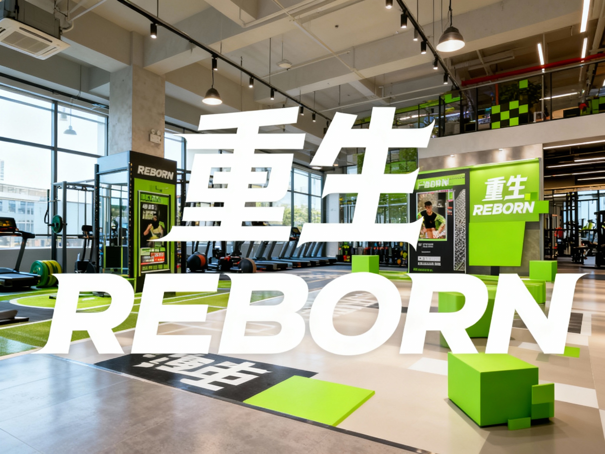 生成品牌体验区或健身店内场景，展示品牌互动装置或店内拍照打卡点，（将参考图中的LOGO及品牌色配色）融入场景装修或物件，环境充满活力有质感，光线明亮通透。