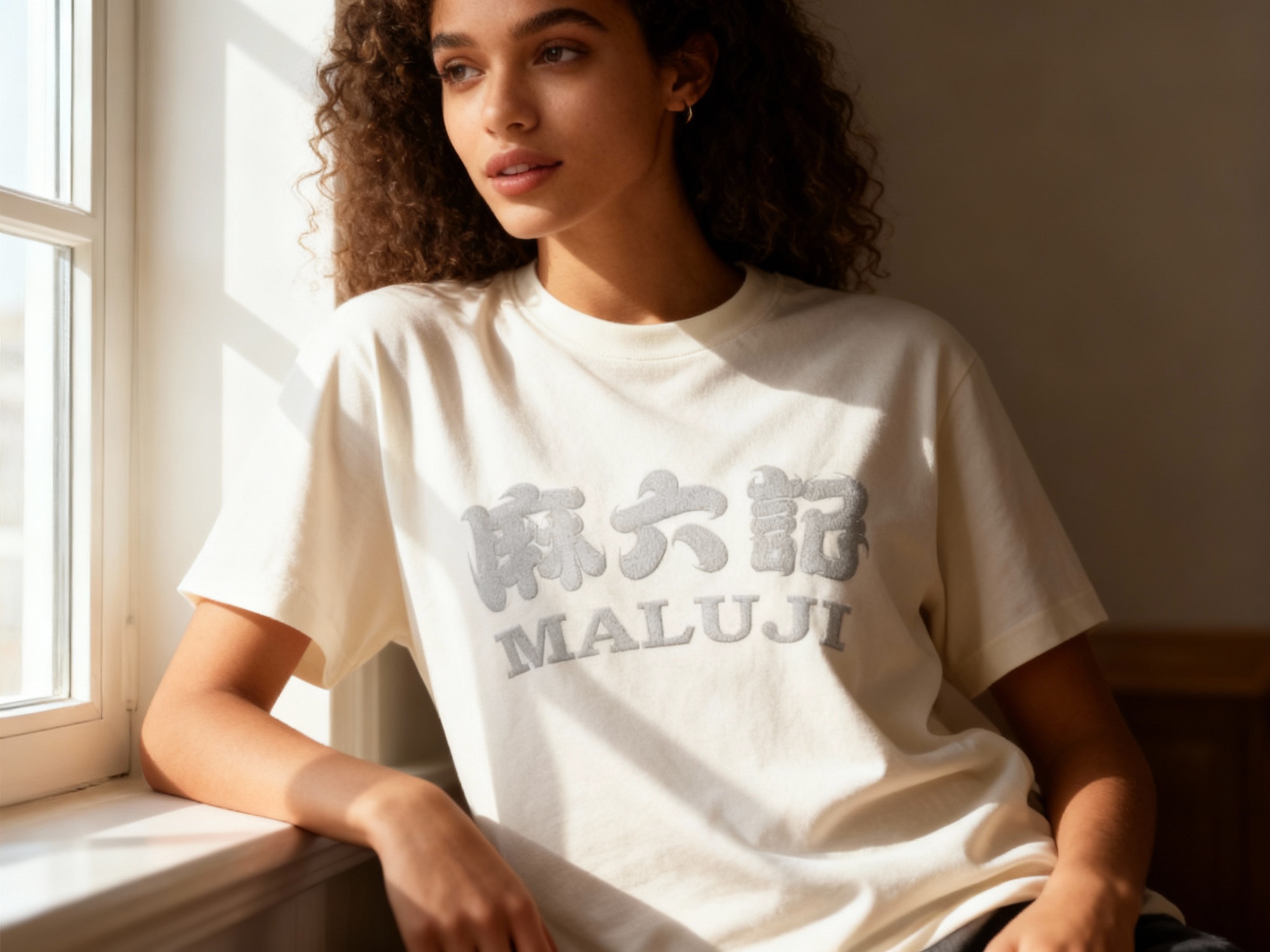 提取参考图的LOGO单独呈现，改为浅灰色，25岁混血女性模特，身着米白纯色T恤，浅灰色LOGO以丝网印刷工艺印制，色调柔和协调，窗边自然光拍摄，光线从左侧射入，在T恤表面形成明暗过渡，LOGO边缘清晰无晕染，模特靠坐窗边，姿态松弛自然，画面清新又高级