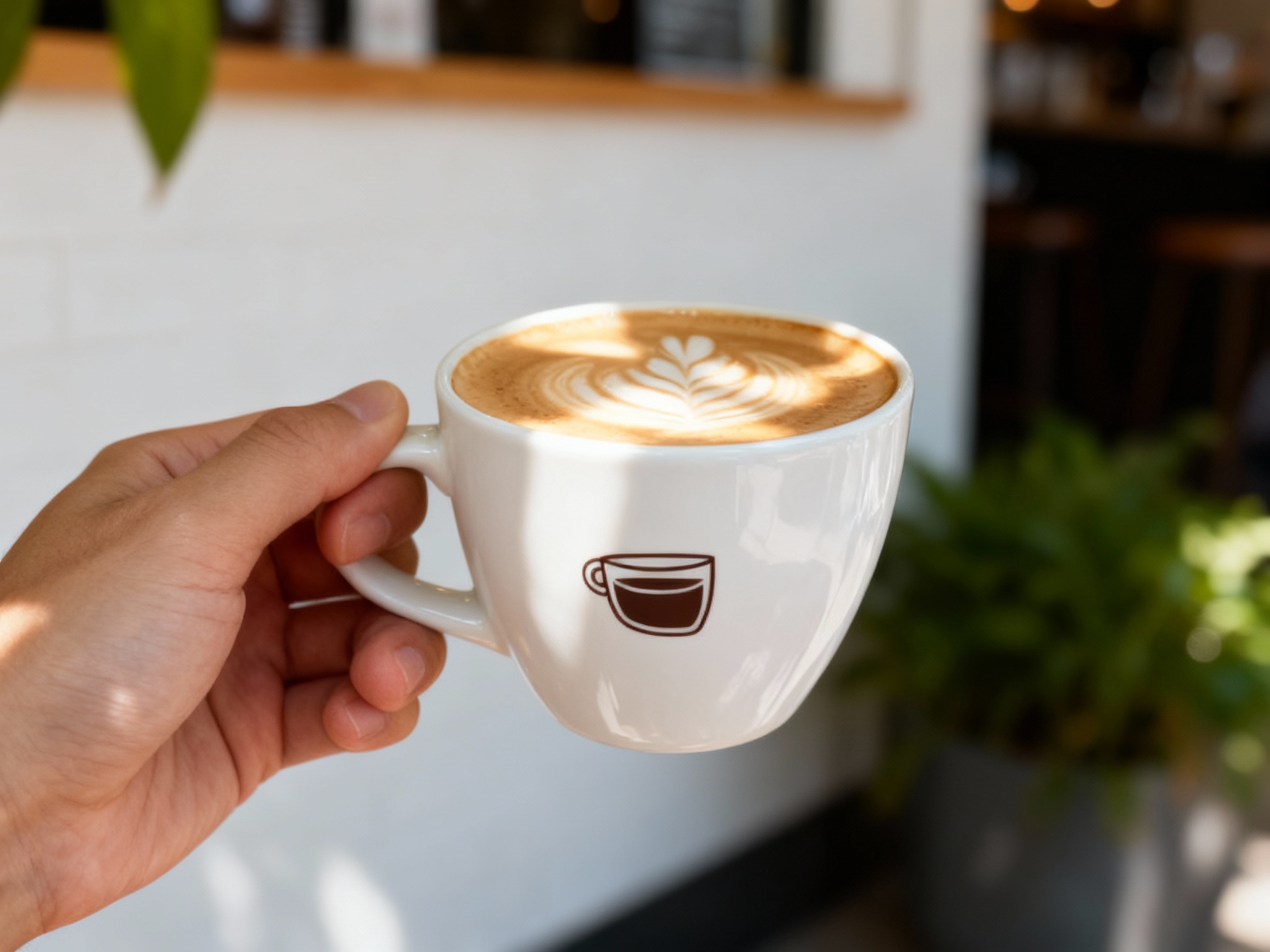 生成咖啡产品展示图，特写镜头。一只手拿着白色的陶瓷咖啡杯，杯身印有（智能提取参考图中的LOGO主体并去除原背景，完美贴合杯身弧度）。背景是模糊的咖啡店白墙和绿植。阳光透过树叶缝隙照在杯子上，形成漂亮的光斑。杯内咖啡拉花精致，画面构图极简，突出饮品的纯粹与品牌的高级感。