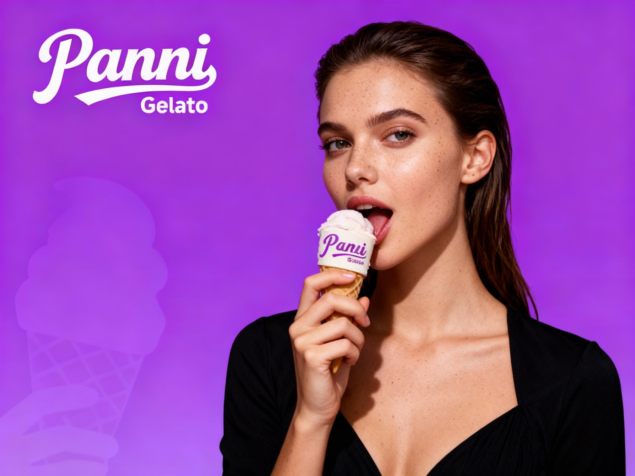 设计品牌海报，时尚剪影摄影风格,时尚大片,一个女生模特,穿着时尚黑色服装手拿带有（将参考图中的LOGO）的意式冰淇淋，（将参考图中的LOGO）位于左上角或右上角（根据实际情况设置）仅出现一次，清晰的毛孔,肌肤真实细节,产品剪影,品牌色向白色渐变背景,特写镜头,平视视角,高清分辨率,高细节，LOGO位于左上角，背景为紫色渐变，带有冰淇淋剪影效果。