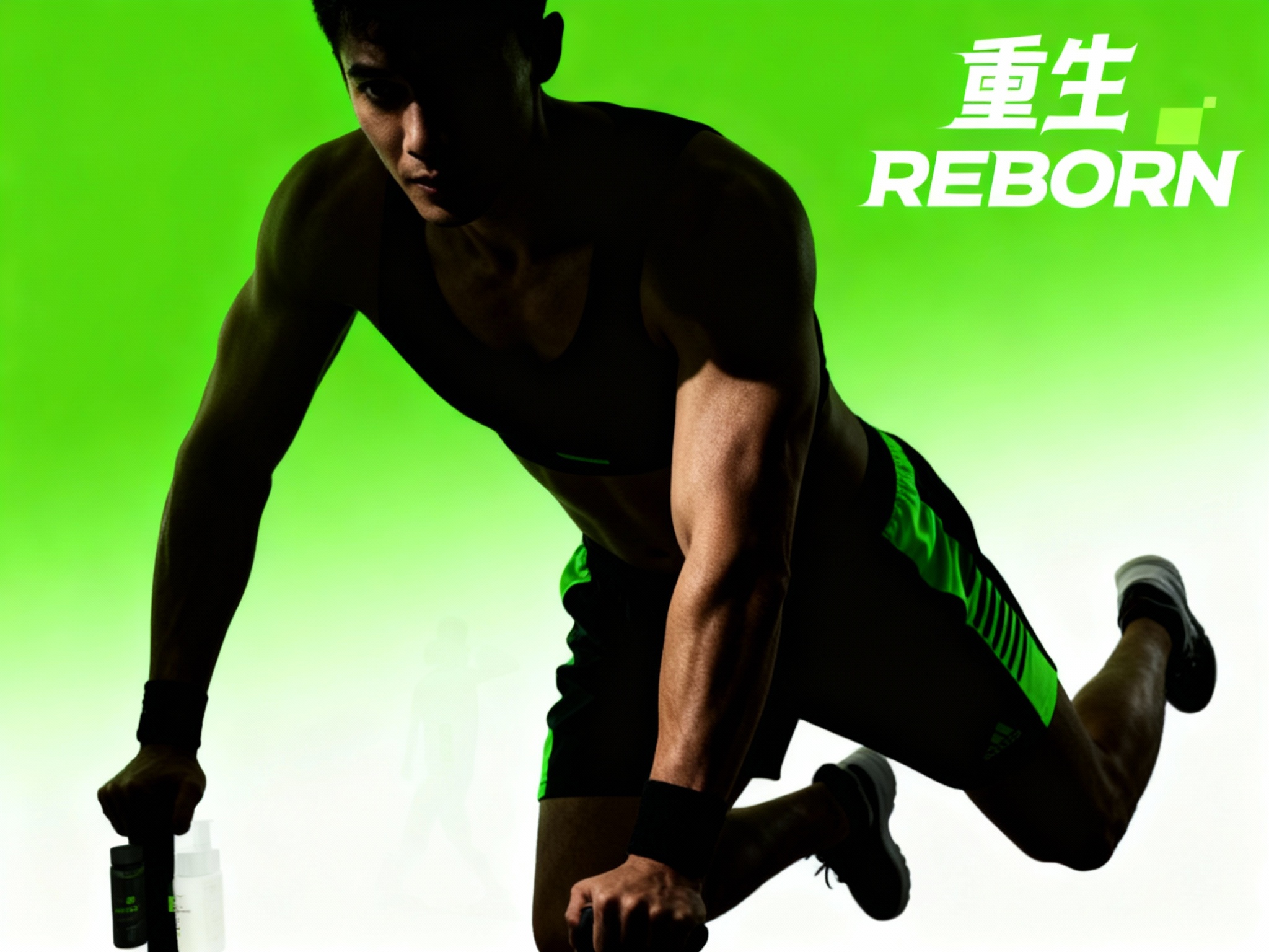 设计品牌海报，时尚剪影摄影风格，时尚大片，一个健身教练，穿着黑色搭配#品牌主色（将参考图中的LOGO）融入运动服装正在锻炼 ，（将参考图中的LOGO）位于左上角或右上角（根据实际情况设置不要遮挡人物），清晰的肌肉线条，肌肤真实细节，产品剪影，品牌色向白色渐变背景，特写镜头，平视视角，高清分辨率，高细节