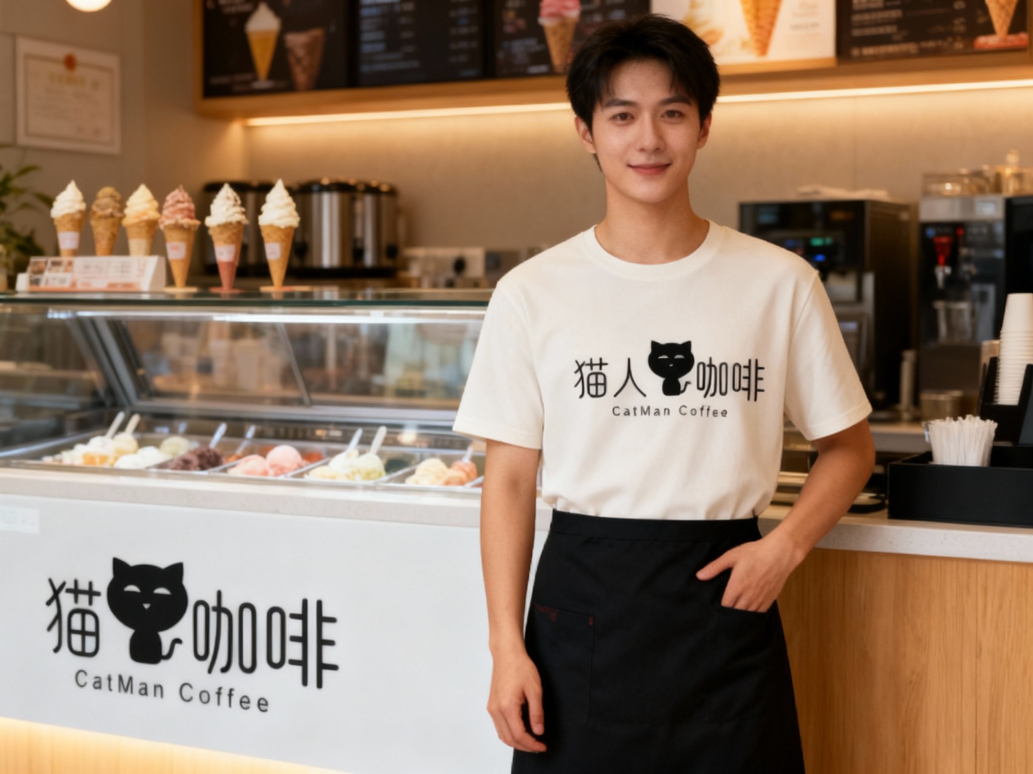 生成员工形象展示图，员工穿着纯色用主色 {主色} 工作服，（将参考图中的LOGO）在工作服上清晰可见，员工站在冰淇淋吧台或店内（空间保持品牌一致性），姿态自然，光线柔和。