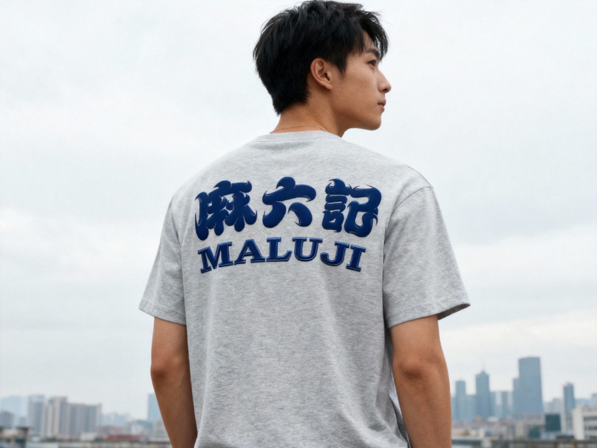 提取参考图的LOGO单独呈现，改为藏蓝色，25岁亚洲男性模特，穿浅灰纯色T恤，藏蓝色LOGO采用撞色胶浆印花，主色与T恤形成和谐对比，户外阴天拍摄，自然漫射光均匀覆盖，T恤面料纹理清晰可见，LOGO色彩饱满不褪色，模特站立远眺，背景为简洁城市天际线，大气开阔