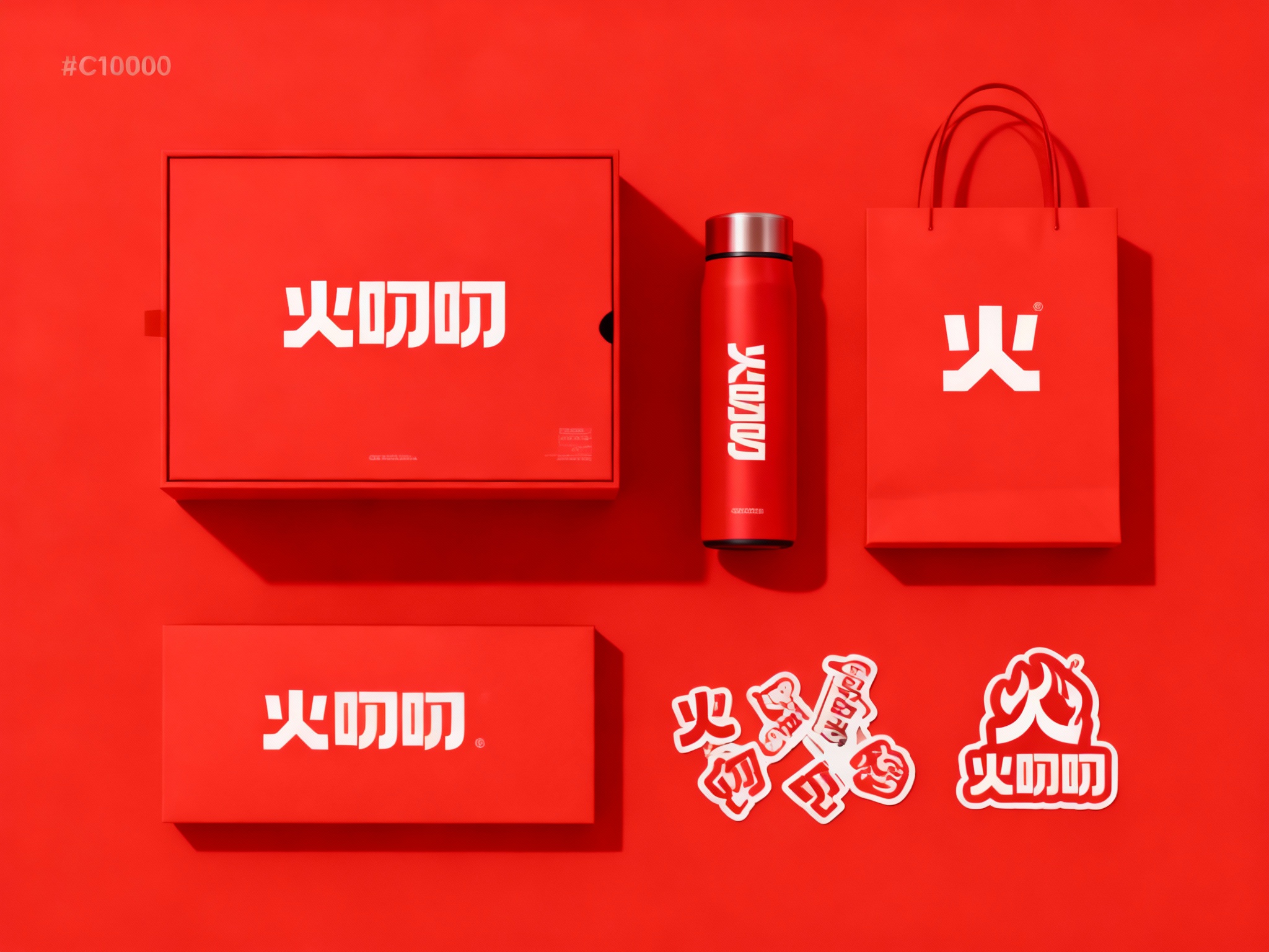 生成品牌周边展示图，如礼盒、保温杯、手提袋、贴纸等，（将参考图中的LOGO保持一致不要出现变形）延续#C10000在各周边产品上合理呈现，延续品牌配色，造型简约高级，适合礼赠与品牌延展。