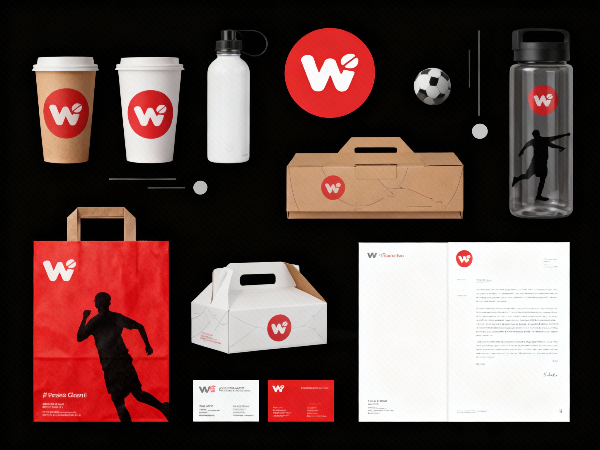 生成咖啡产品展示图，品牌VI展示，它包括纸质杯、外带袋、水杯、纸盒、印刷海报、名片、小册子、信纸设计，纯色背景（如#白色或#黑色），平面布局和极简美学，高分辨率摄影，高质量细节，顶级商业表现形式延续品牌色调，（将参考图中的LOGO 保持一致不要出现变形）在相应载体上合理呈现，突出饮品质感与品牌形象，同时加入足球元素的剪影或线条作为点缀。