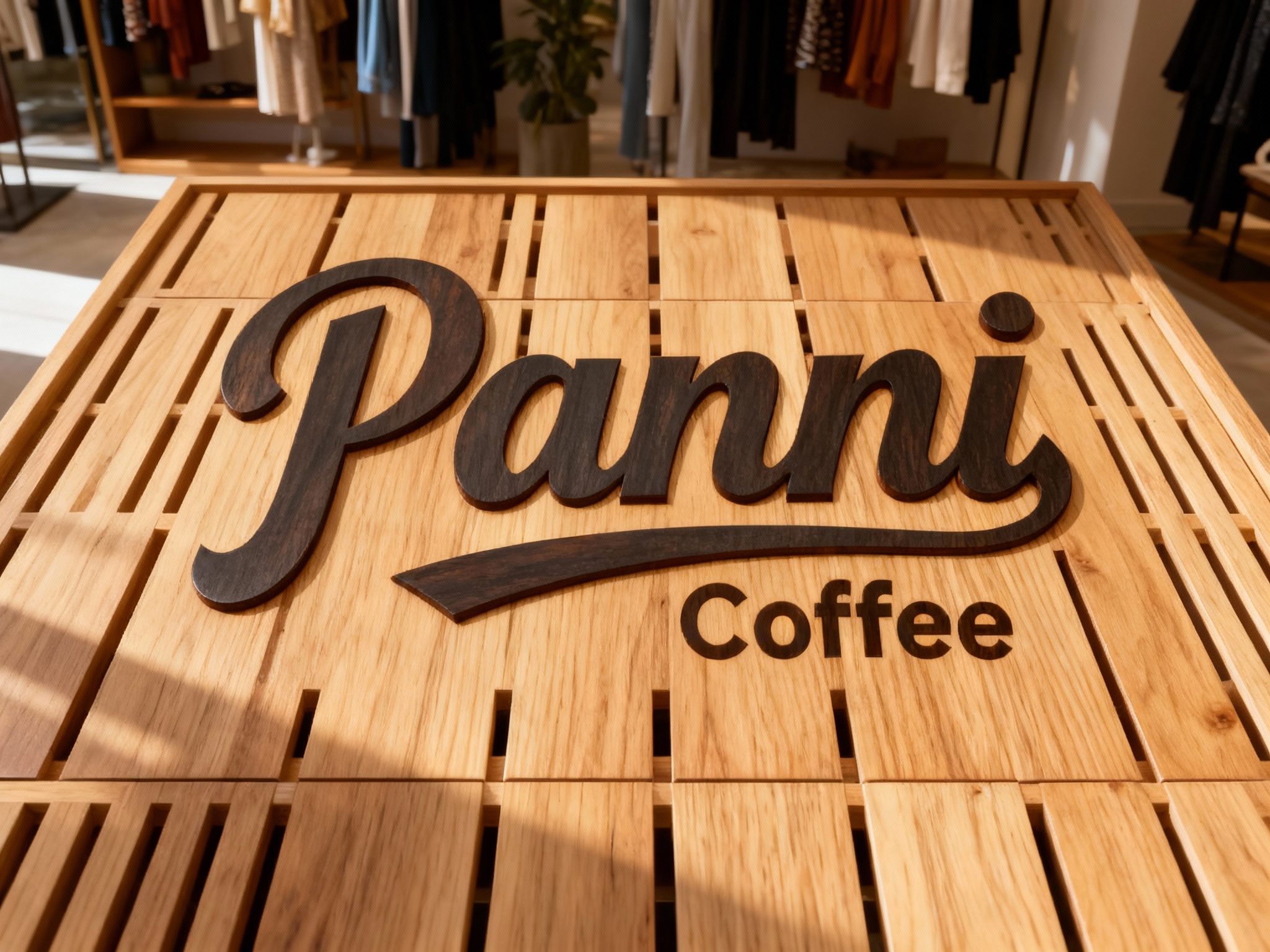 木质格栅门头特写，进口白蜡木格栅经哑光清漆处理，无缝拼接成型，底板无毛刺或钉痕，LOGO以激光雕刻+填色工艺呈现，表面光滑无凸起，白天自然光照射，木纹肌理清晰，适配高端家居/服饰门店