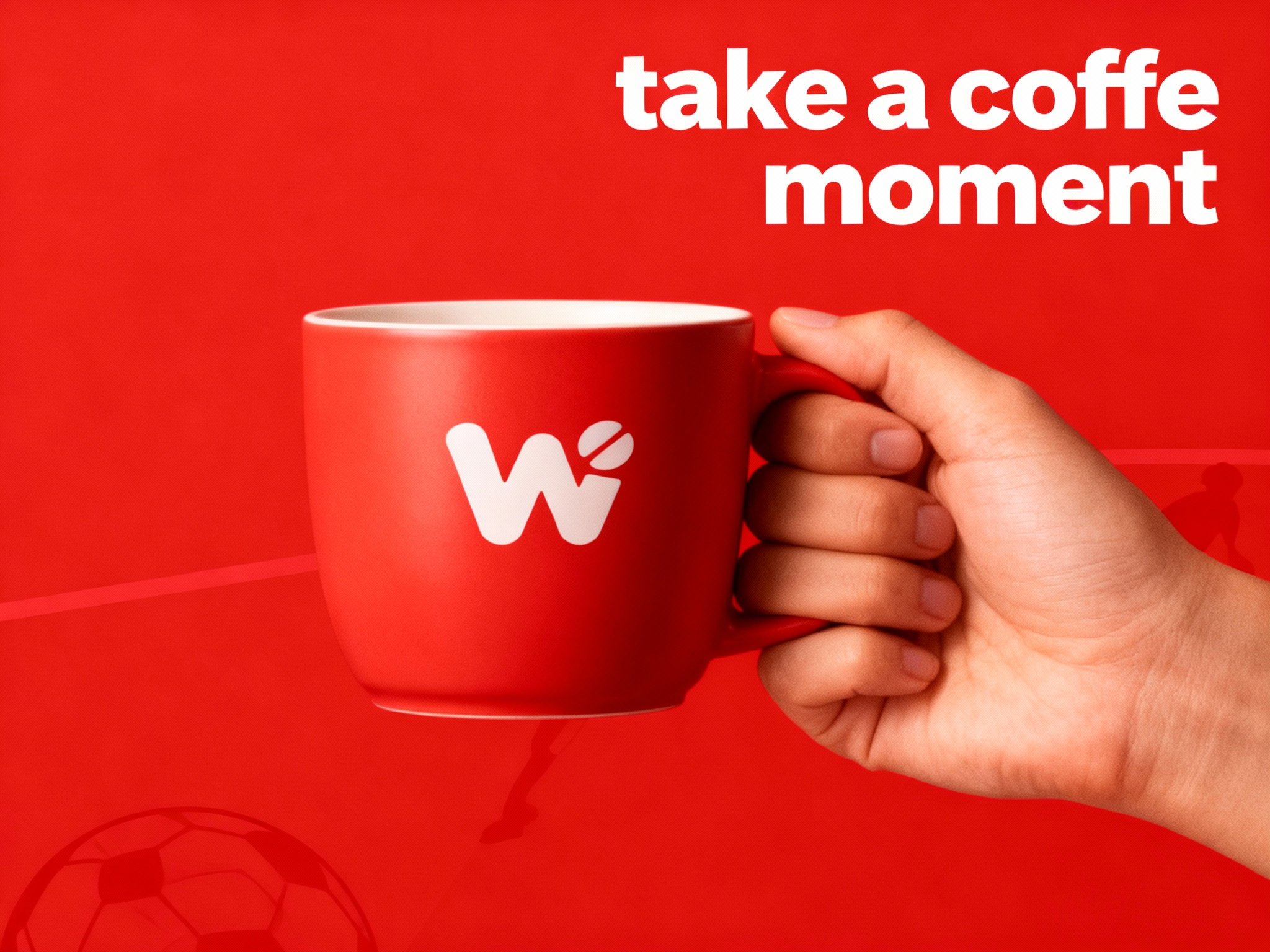 咖啡门店促销海报，以提供的主色调为背景底色，奠定温暖且具质感的视觉基调。画面核心视觉为一只肤色自然的手，端着一只哑光质感的品牌色（将参考图中的LOGO）在咖啡杯上清晰可见，手和咖啡杯比例协调，杯体简约无装饰，与背景形成鲜明色彩呼应，成为视觉焦点。海报上方，右侧用轻盈的英文书写 “take a coffe moment” ，营造轻松邀请氛围 。文字排版规整，信息清晰易读，整体风格简约直接，精准传递咖啡门店温馨、美味且注重品质的品牌形象，同时加入足球元素的剪影或线条作为点缀。