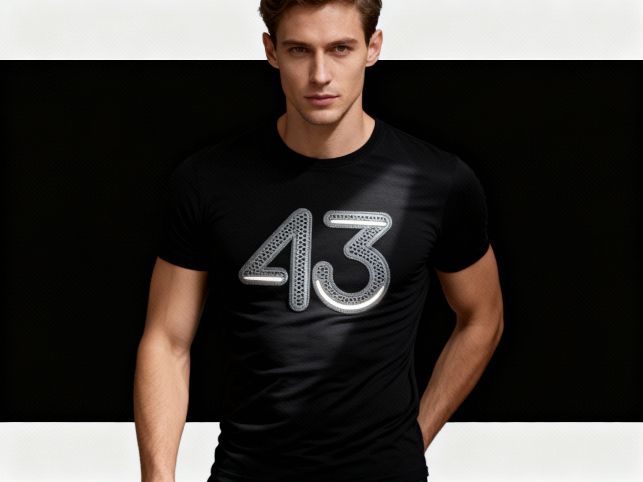 提取参考图的LOGO单独呈现，改为银灰色，25岁欧洲男性模特，穿黑色修身T恤，银灰色LOGO采用镂空刺绣+内嵌反光条工艺，暗光环境拍摄，局部射灯斜照LOGO，反光条呈现柔和光泽，不刺眼，模特手臂自然弯曲，T恤贴合身形却不紧绷，背景为极简黑色，突出LOGO细节