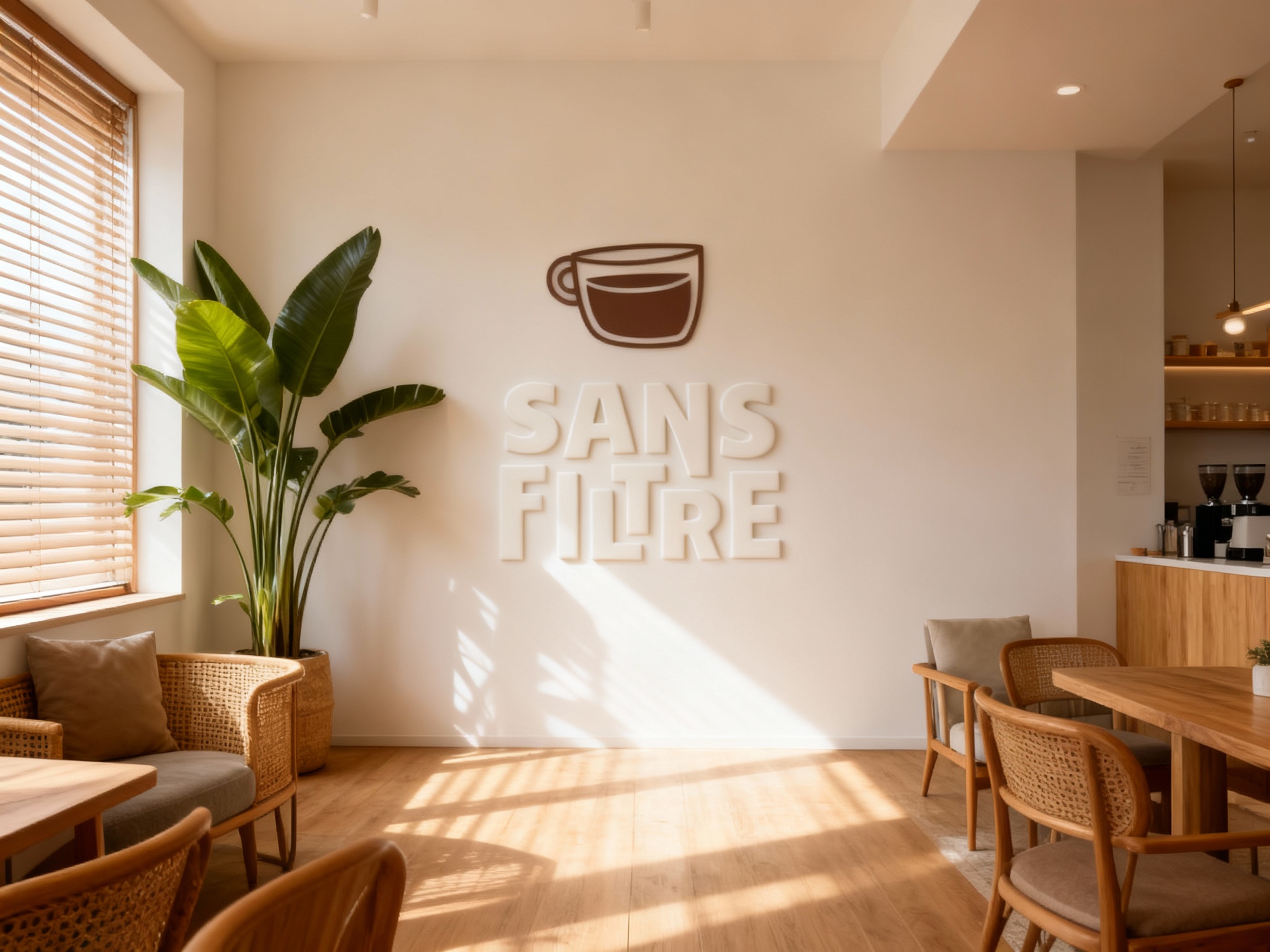 生成精致INS风格咖啡店内部空间渲染图。空间以奶油白和浅原木色为主调，阳光透过百叶窗和巨大的室内绿植洒在木地板上，形成丁达尔光效。（智能提取参考图中的LOGO主体并去除原背景）以白色浮雕或哑光亚克力材质低调融入主墙面，无违和感。家具选用藤编与原木结合，搭配莫兰迪色系软装，氛围松弛、治愈。