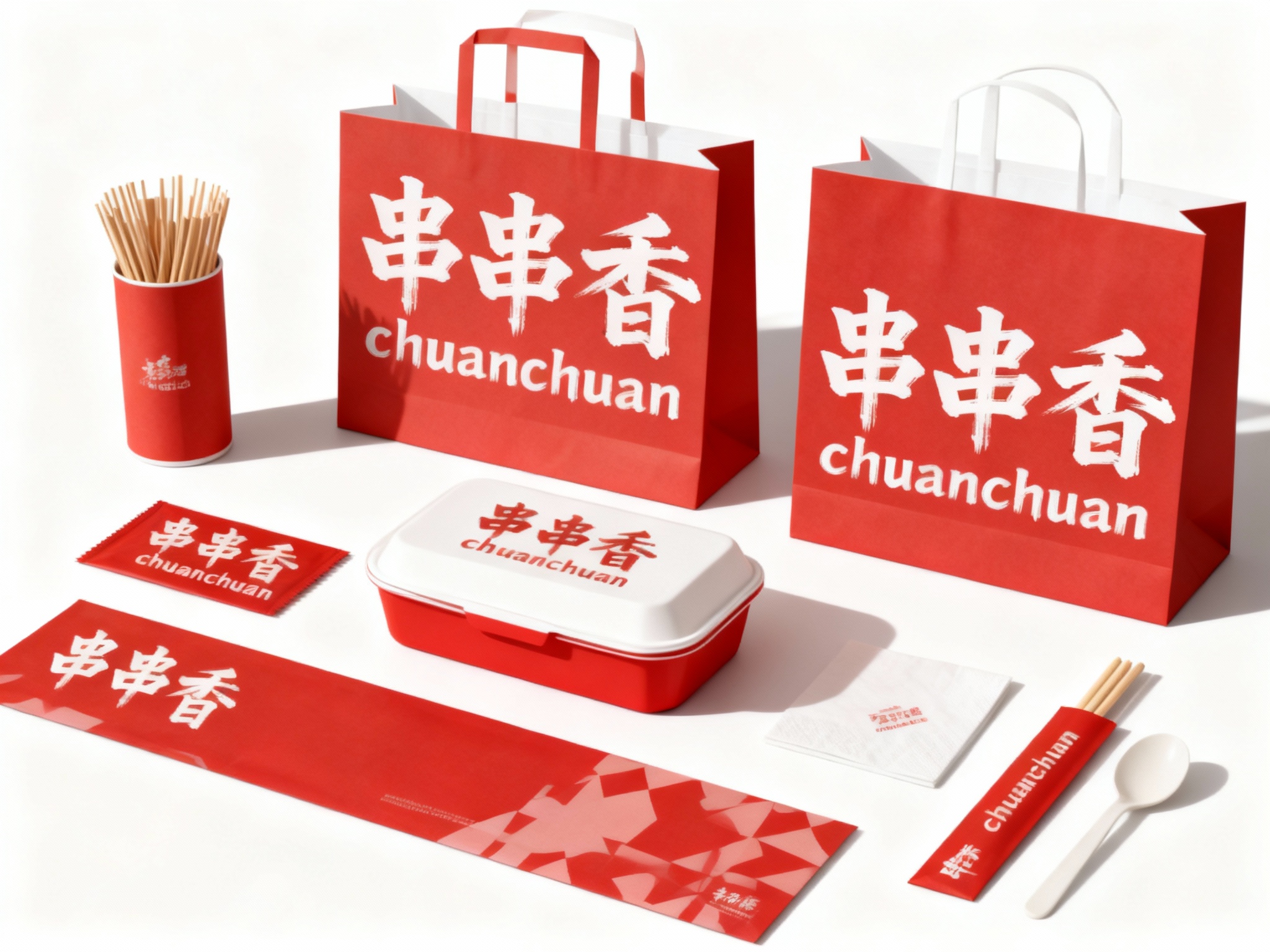 设计串串产品平铺拍摄图，包含纸签筒、手提袋、打包盒、餐具包装、餐巾纸、桌垫等，（将参考图中的LOGO）在各产品上清晰展示，色彩统一，光影柔和，呈现高级整洁感，红色与白色的品牌色贯穿始终。