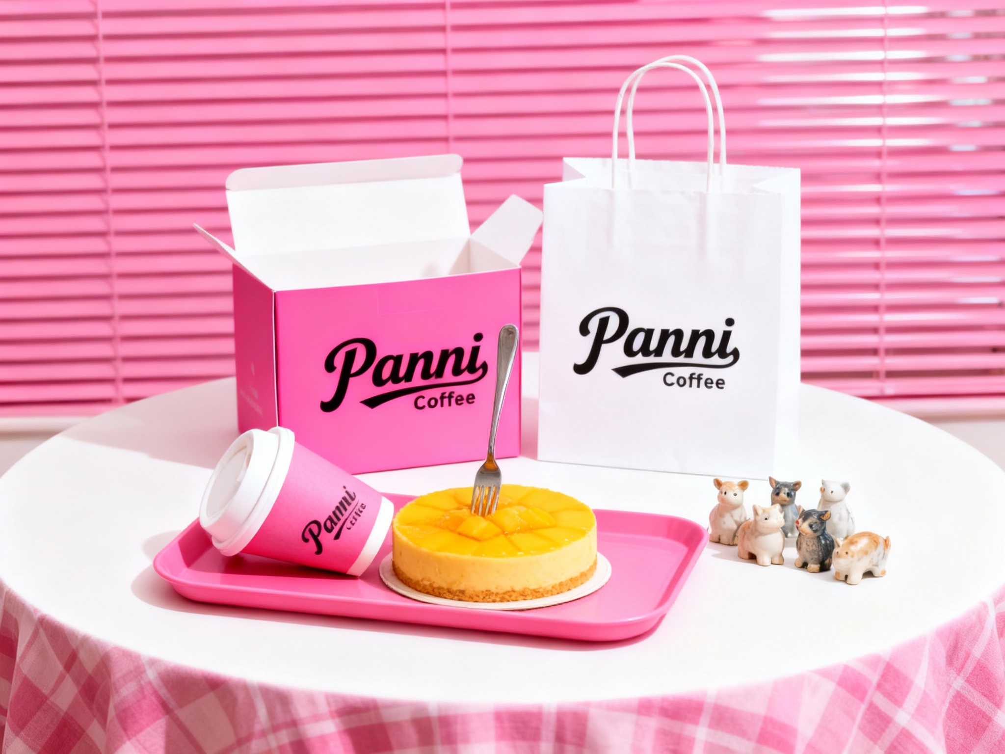 商业美食摄影，极简现代风格，明亮光线，白色圆形桌面铺粉色格子桌布，背景粉色百叶窗，粉色手提盒与白色手提袋并排摆放（盒合袋敞），前方粉色托盘上，粉色咖啡杯（带白盖）斜靠蛋糕，金属叉子插在圆形芒果蛋糕上，旁边放置一组陶瓷小动物。手提盒和咖啡杯上装饰有品牌的logo，光影柔和提升高级感
