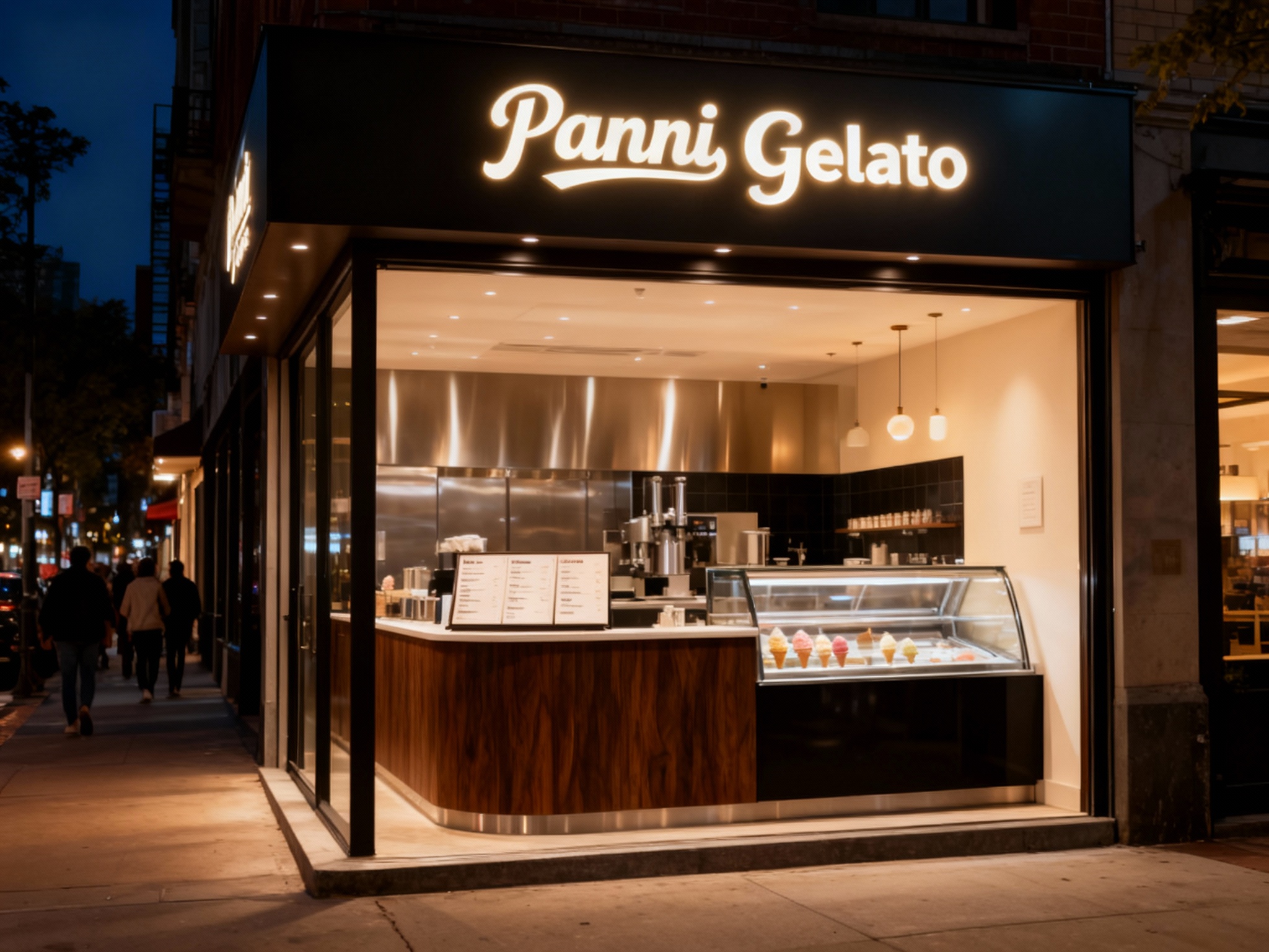 设计夜景门头及灯箱效果图，（将参考图中的LOGO）光亮温暖，冰淇淋店的内部场景，上方有发光的（将参考图中的LOGO）标识，下方是意式冰淇淋制作区域和展示柜，柜台上有菜单，整体装修风格运用黑胡桃木搭配银色不锈钢材质现代，灯光温暖 ，街区环境和路人自然呈现，LOGO位于门头上方，发出温暖的光芒，店内灯光柔和，营造温馨氛围。
