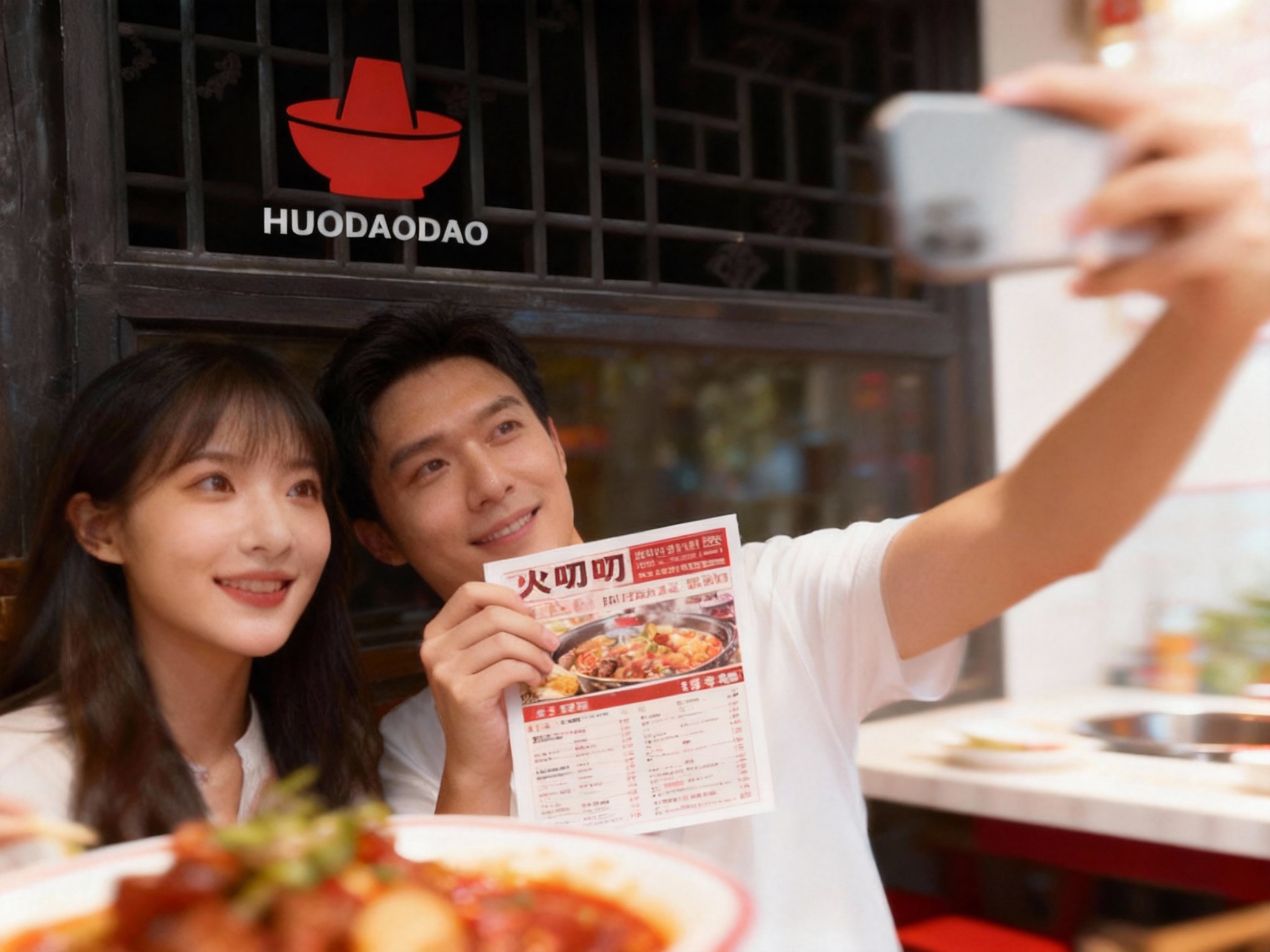 设计社交分享场景图，顾客手持带有（将参考图中的LOGO）的火锅食材拍照，火锅店场景中（将参考图中的LOGO）融入装修或物件，场景抓拍，独特的拍摄角度，非对称，动态模糊，明亮环境，意境，自然色彩，丰富层次感，细腻画质，真实，光影变幻，虚化柔和过渡，胶片质感，电影质感，大师作品，光影自然，突出品牌热烈感和多元文化气质。
