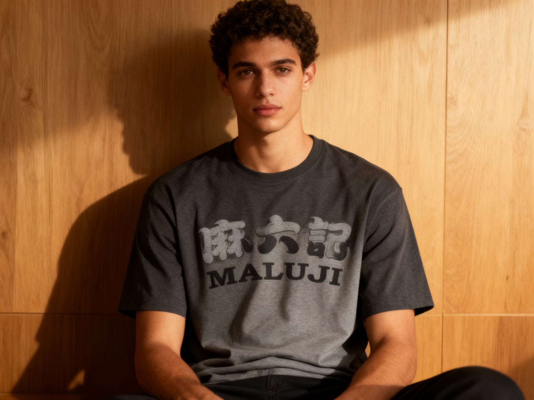 提取参考图的LOGO单独呈现，改为浅灰色，25岁混血男性模特，身着深灰重磅T恤，浅灰色LOGO采用烫黑工艺（与T恤色调呼应却有质感差异），室内暖光拍摄，光线柔和温暖，T恤版型挺括，LOGO平整无褶皱，模特坐姿端正，背景为木质极简墙面，营造沉稳高级氛围