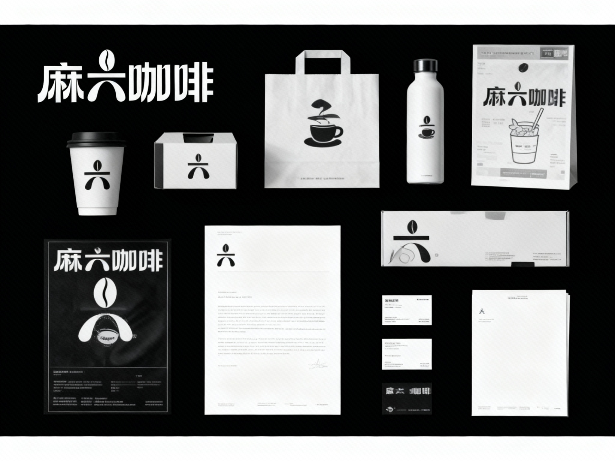生成咖啡产品展示图，品牌VI展示，它包括纸质杯、外带袋、水杯、纸盒、印刷海报、名片、小册子、信纸设计、纯色、简单的背景、平面布局和极简美学、高分辨率摄影、高质量细节、高细节，顶级商业表现形式延续品牌色调，（将参考图中的LOGO 保持一致不要出现变形）在相应载体上合理呈现，突出饮品质感与品牌形象。