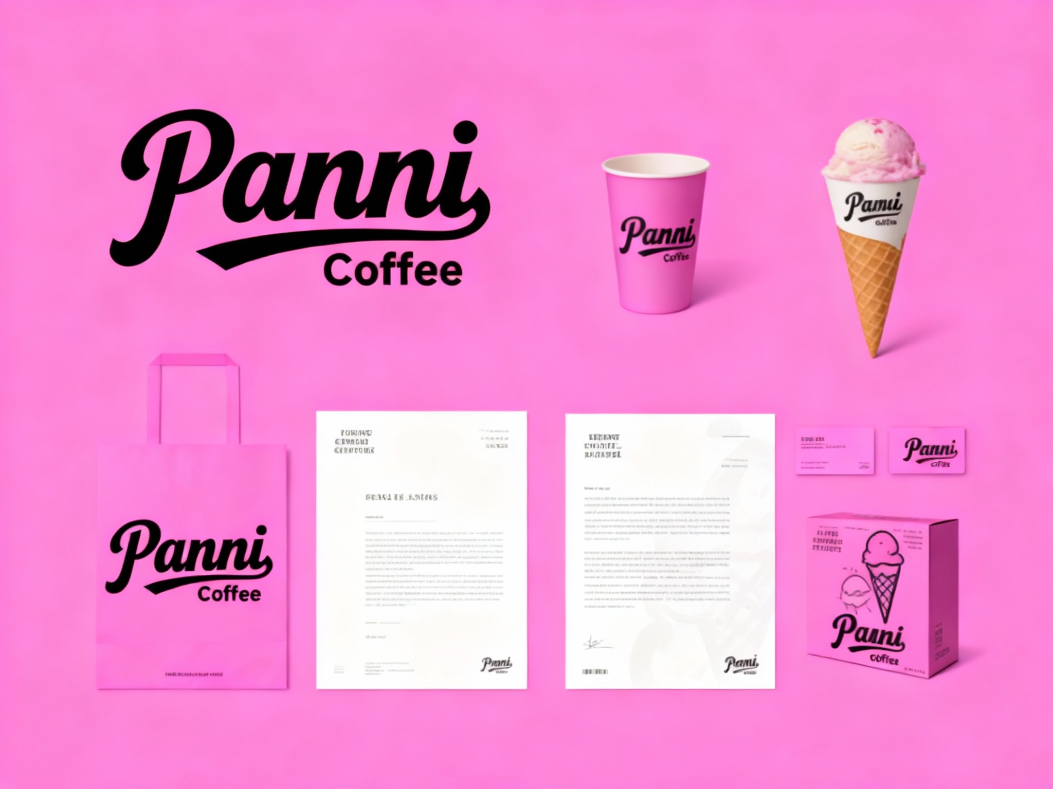 生成冰淇淋产品展示图用主色 {主色} ，品牌VI展示，它包括冰淇淋纸筒、外带袋、水杯、纸盒、印刷海报、名片、小册子、信纸设计、纯色、简单的背景、平面布局和极简美学、高分辨率摄影、高质量细节、高细节，顶级商业表现形式延续品牌色调，（将参考图中的LOGO 保持一致不要出现变形）在相应载体上合理呈现，突出饮品质感与品牌形象。