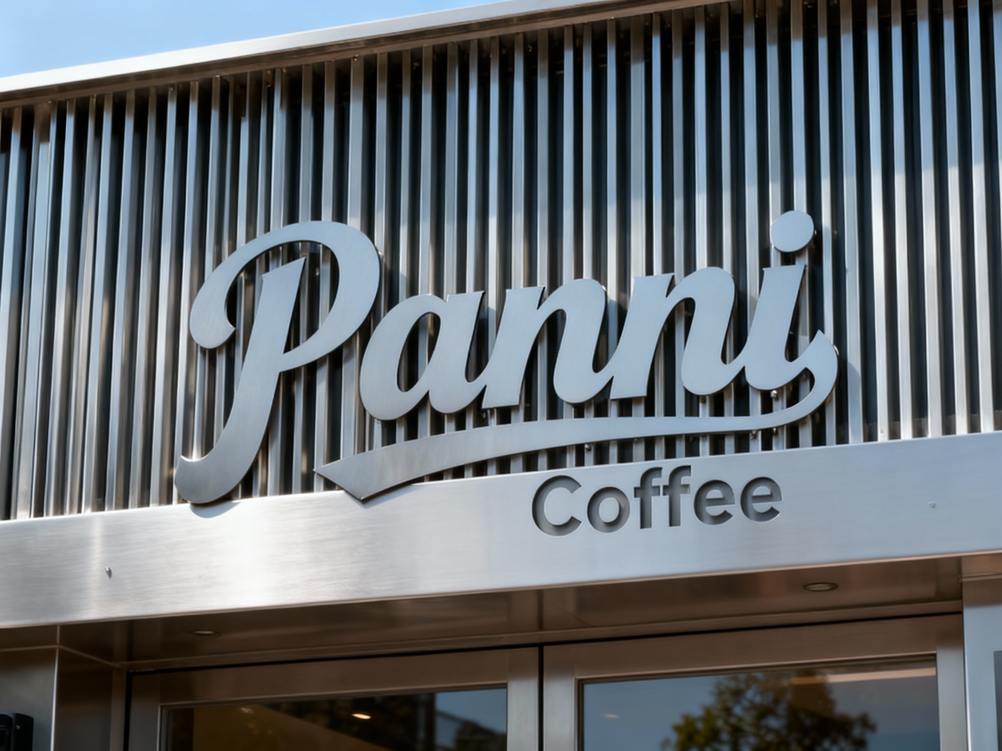 金属格栅门头特写，采用哑光不锈钢板材无缝拼接格栅，底板平整干净，LOGO以激光切割镂空工艺嵌入式安装于格栅中央，无外露连接件，白天自然光照射，金属质感细腻，凸显现代简约大气