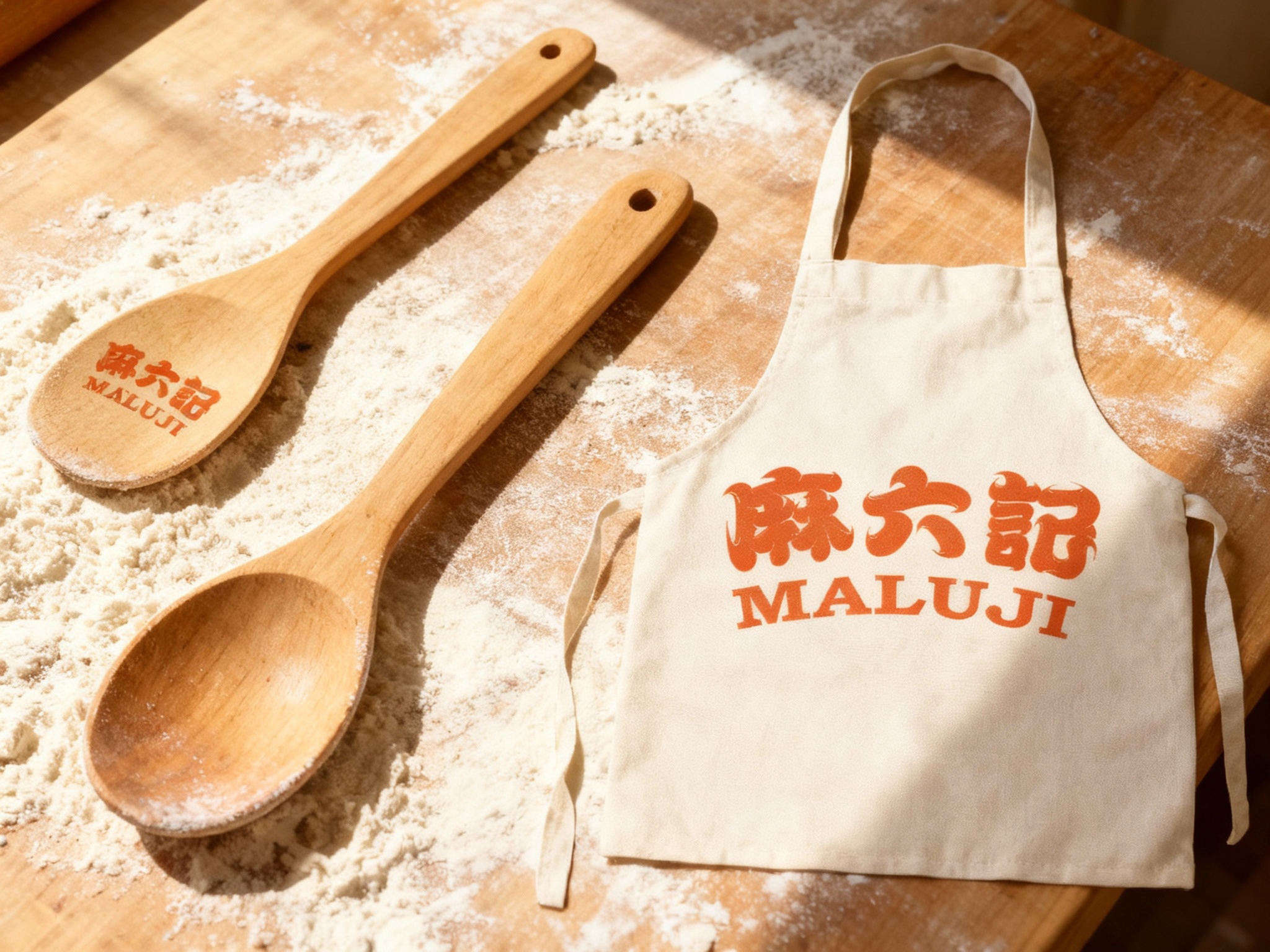 生成精致的品牌周边组合图。画面包含定制的木质面勺、帆布围裙、以及印有（智能提取参考图中的LOGO主体并去除原背景）的帆布袋。背景是铺满面粉的案板。光线明亮，模拟日光，展现品牌对面食文化的深度挖掘和生活美学的延展。
