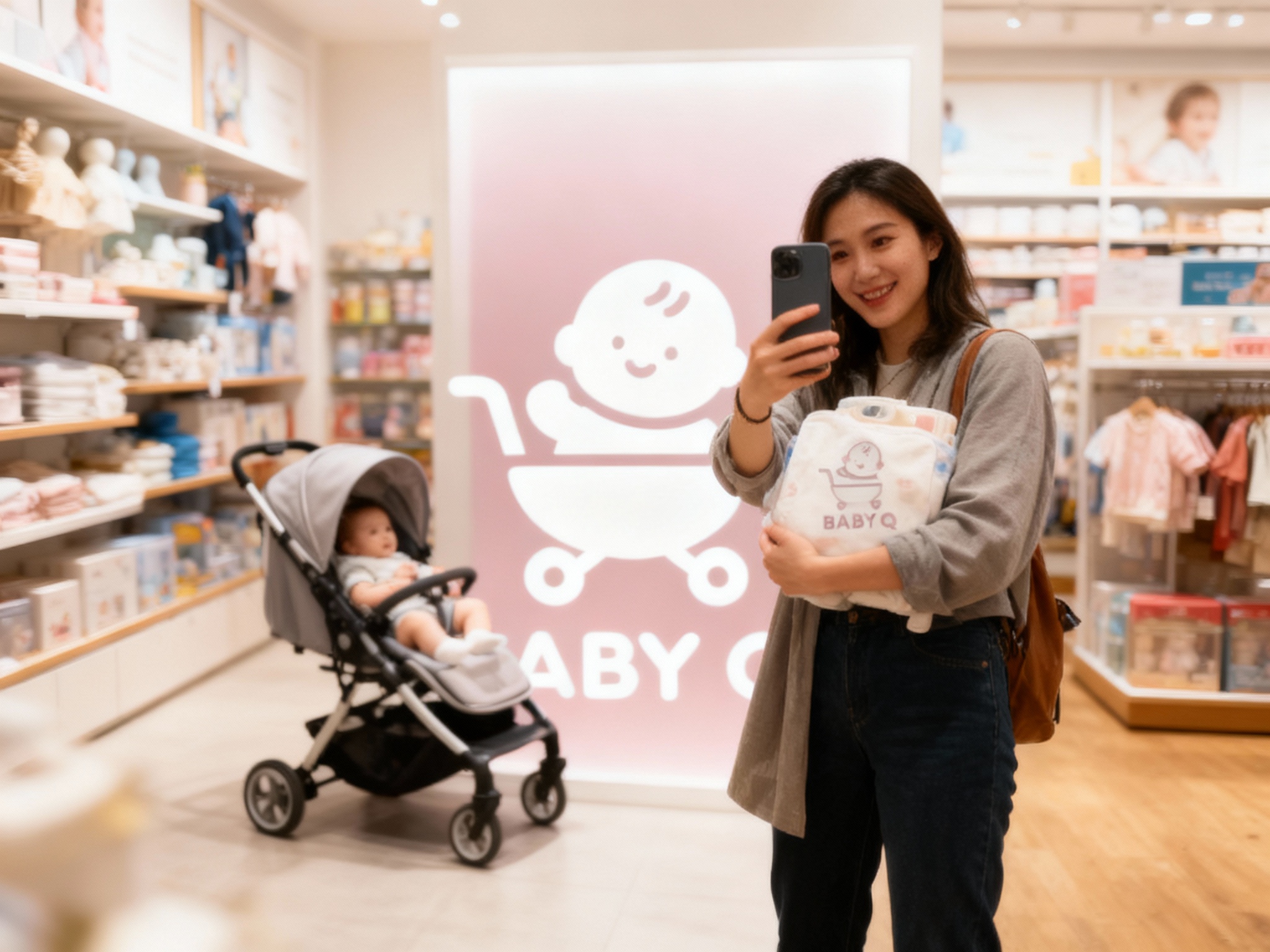 设计社交分享场景图，顾客抱着带有（将参考图中的LOGO）的婴儿用品拍照，母婴店场景中（将参考图中的LOGO）融入装修或物件，场景抓拍，独特的拍摄角度，非对称，动态模糊，明亮环境，意境，自然色彩，丰富层次感，细腻画质，真实，光影变幻，虚化柔和过渡，胶片质感，电影质感，大师作品，光影自然，突出品牌温馨感和亲和力。