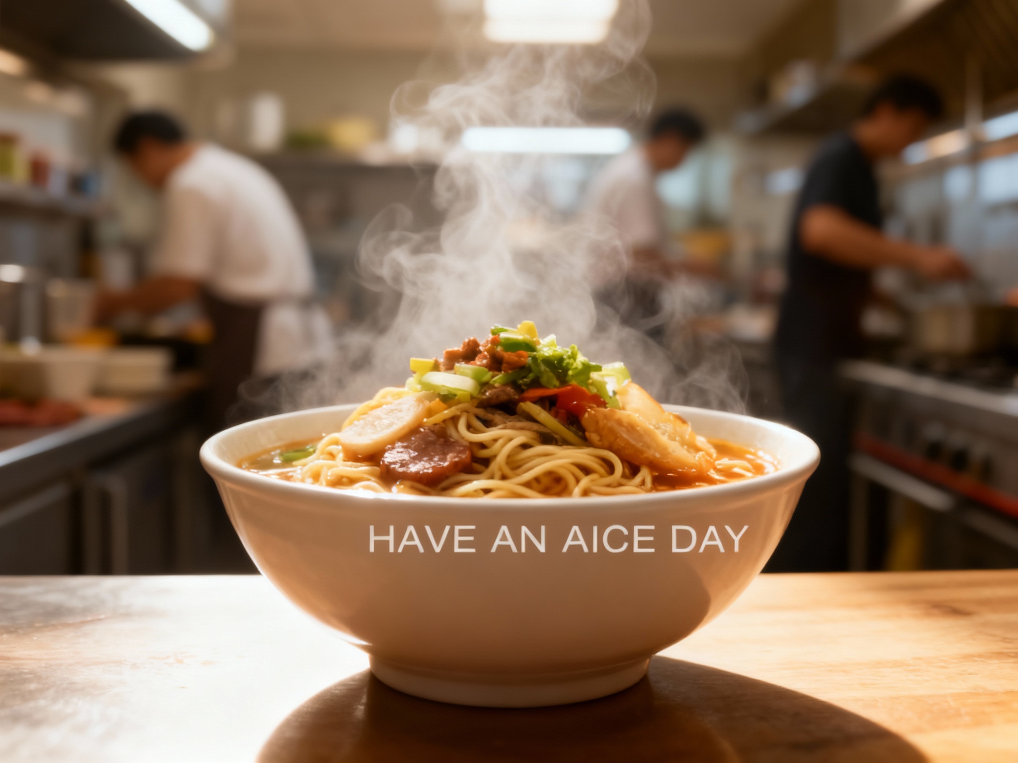 门店新品尝鲜海报。背景是虚化的厨房忙碌场景，前景聚焦在一碗新推出的拌面或汤面上，食材堆叠丰富。碗边的桌面上刻有或印有（智能提取参考图中的LOGO主体并去除原背景）。蒸汽缭绕，光线重点照亮食物，视觉冲击力强，让人垂涎欲滴.