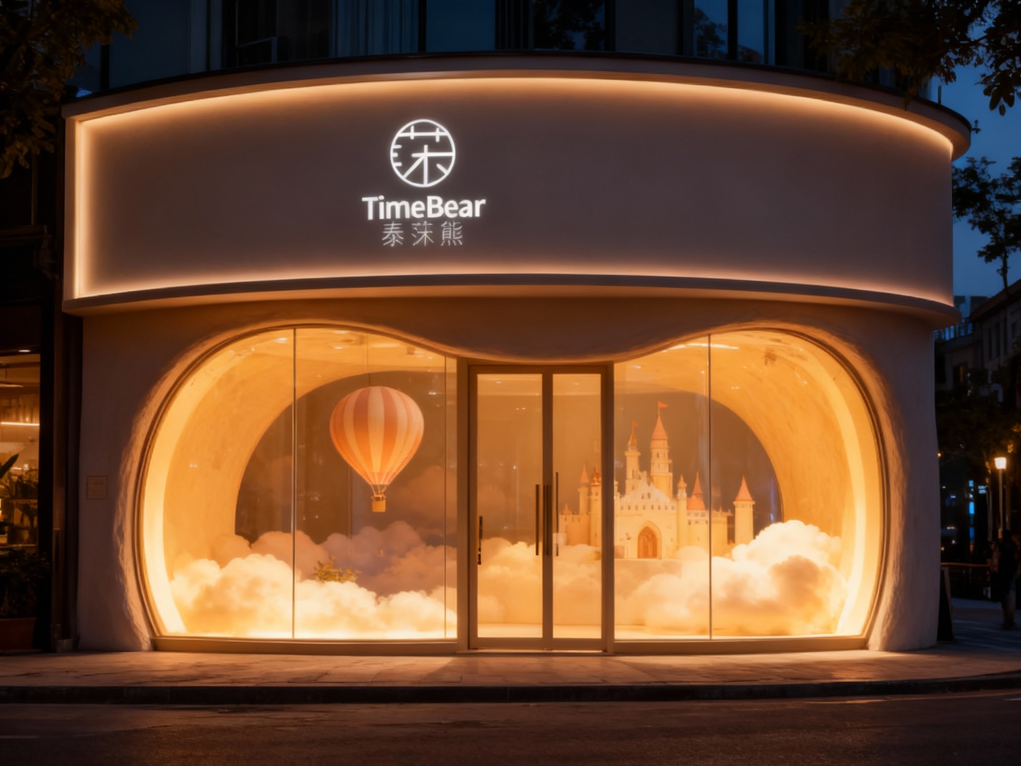 设计夜景门头及橱窗效果图。店铺像一个发光的温暖巢穴，柔和的暖黄光透过圆弧形的玻璃溢出街道。橱窗内是梦幻的场景设计（如热气球或云端城堡）。（智能提取参考图中的LOGO主体并去除原背景）在门头发出柔和不刺眼的背光。整体氛围静谧而温馨，给夜晚的街道带来安全感。