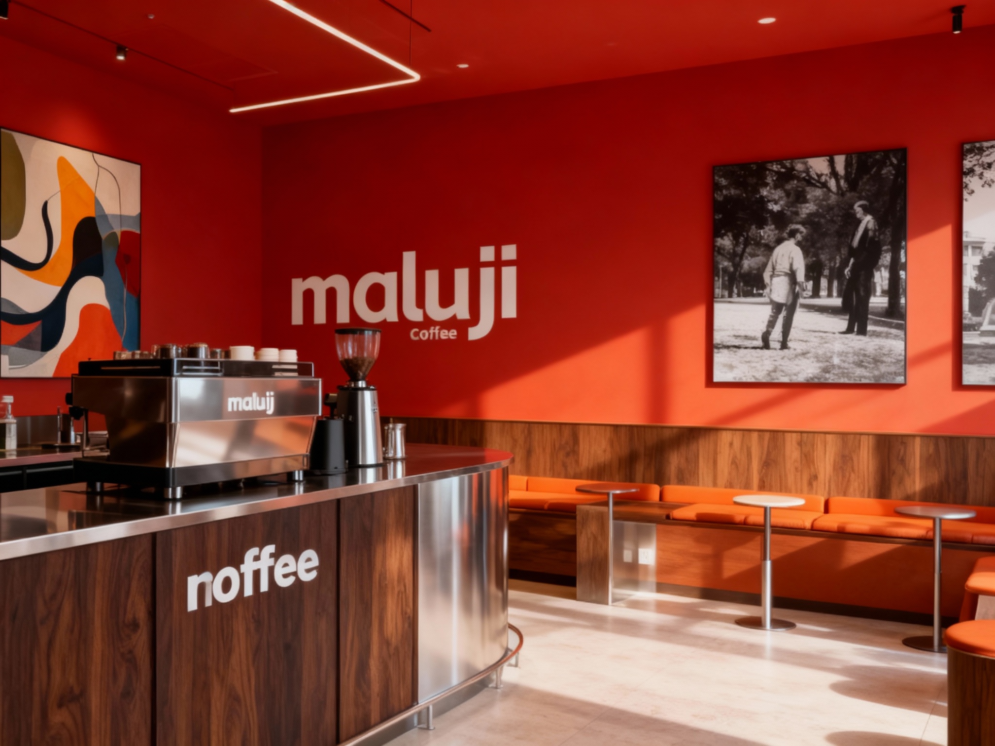 设计店内空间效果图，展示吧台、座位区、墙面装饰高级抽象插画或黑白摄影，运用黑胡桃木搭配银色不锈钢材质（将参考图中的LOGO）融入场景装修或物件中，光线温暖自然，突出空间舒适感与现代质感，整体色调以红色和橙色为主，营造时尚氛围。