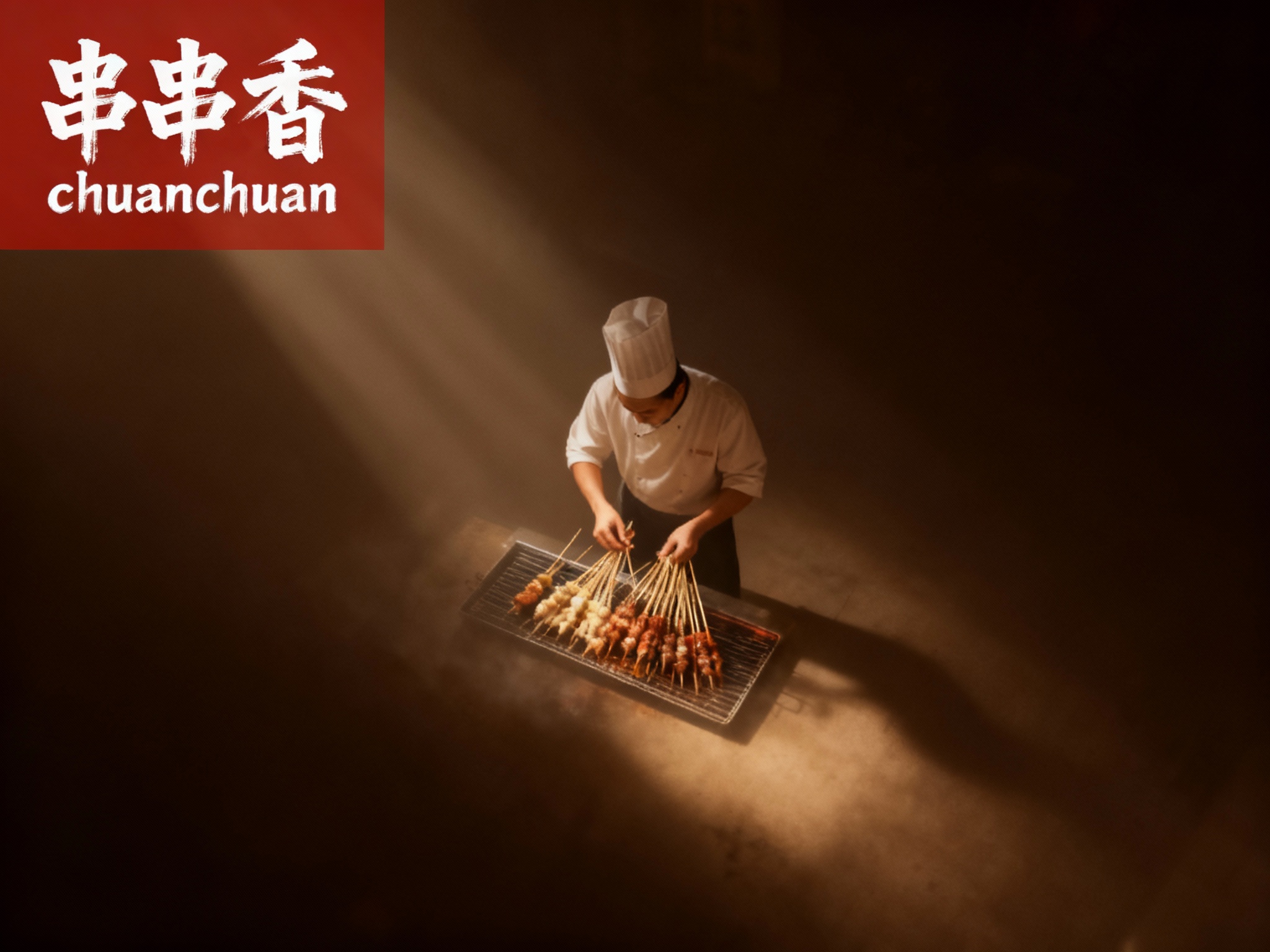 设计品牌宣传海报，画面干净，（将参考图中的LOGO ）位于左上角或右上角（根据实际情况设置），大师作品，电影海报，超高质量，超精细，高级英文排版，摄影，丁达尔光效，朦胧，俯视，远景，极简，简单，极简风格，大面积留白，背景是厨师制作串串的景象，压迫感，超现实主义+极简主义 + 简单色块+暖色调配色+ 摄影艺术 + 细节丰富+ 封面美学 +深棕背景+电影级照明，4k高清，排版简洁有视觉冲击力，符合社交平台分享特性，红色背景与白色文字形成鲜明对比。